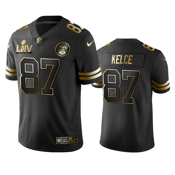 Men's Kansas City Chiefs #87 Travis Kelce Black Golden Super Bowl LV Vapor Limited Stitched Jersey